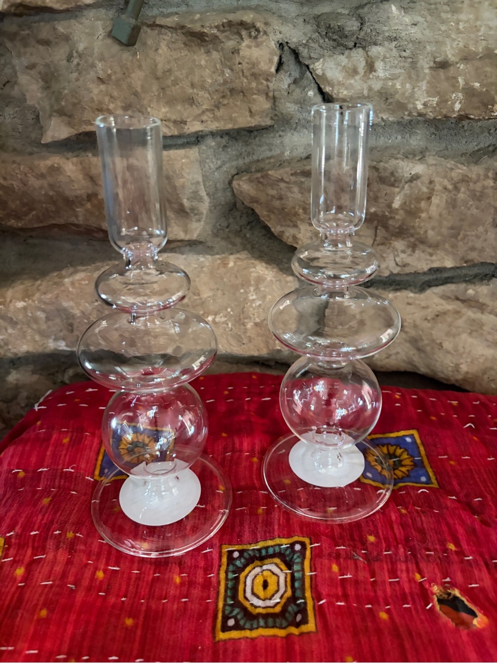 NWT Clear Bubble Glass Decorative Candle Holders - Pair 2 PC Taper Style